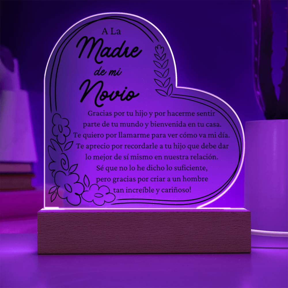 Gift For Boyfriends Mother in Spanish - LED Acrylic Heart Shaped Plaque Table Top Display