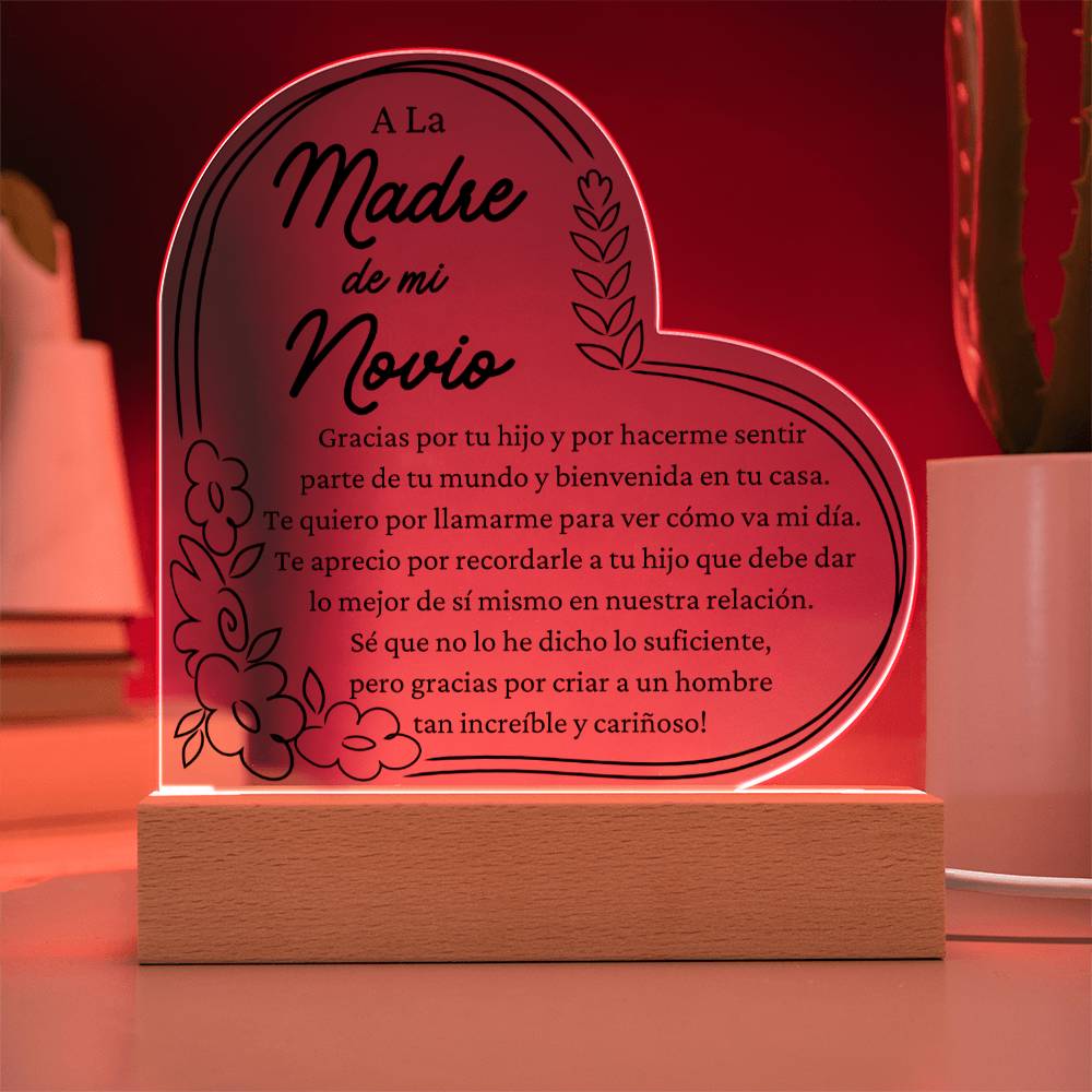 Gift For Boyfriends Mother in Spanish - LED Acrylic Heart Shaped Plaque Table Top Display