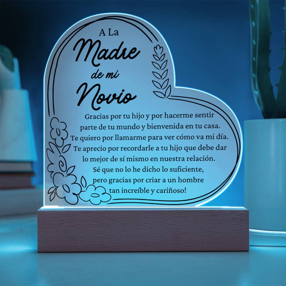 Gift For Boyfriends Mother in Spanish - LED Acrylic Heart Shaped Plaque Table Top Display