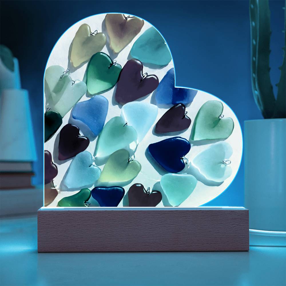 Sea Glass Heart Shaped Acrylic Plaque Table Top Display