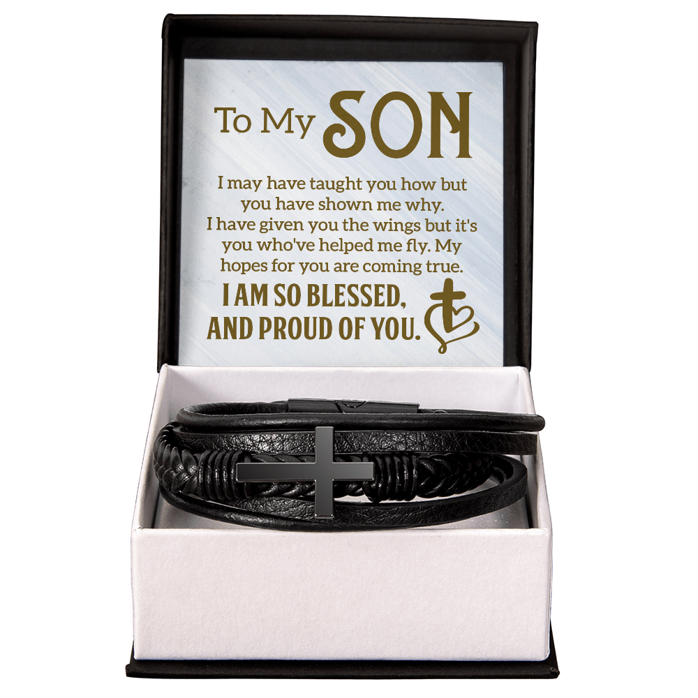 To My Son - Inspirational Cross Leather Bracelet - I'm So Blessed and Proud of You