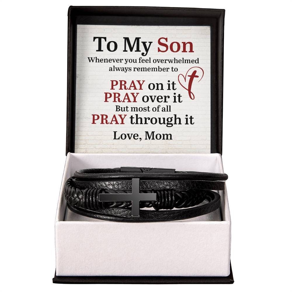 To My Son From Mom - Inspirational Cross Leather Bracelet - Pray On It