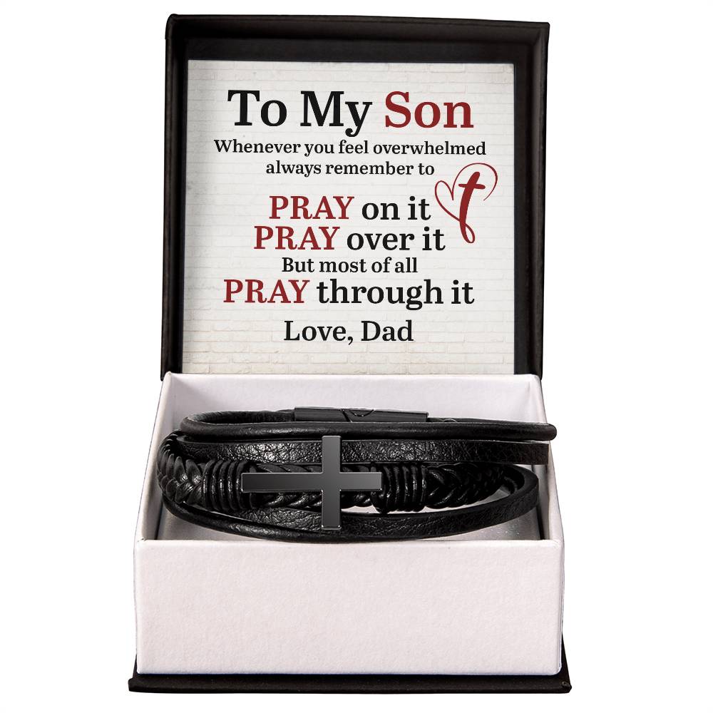 To My Son From Dad - Inspirational Cross Leather Bracelet - Pray On It