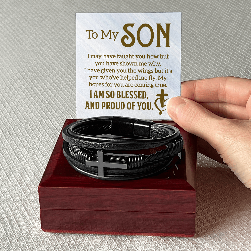 To My Son - Inspirational Cross Leather Bracelet - I'm So Blessed and Proud of You