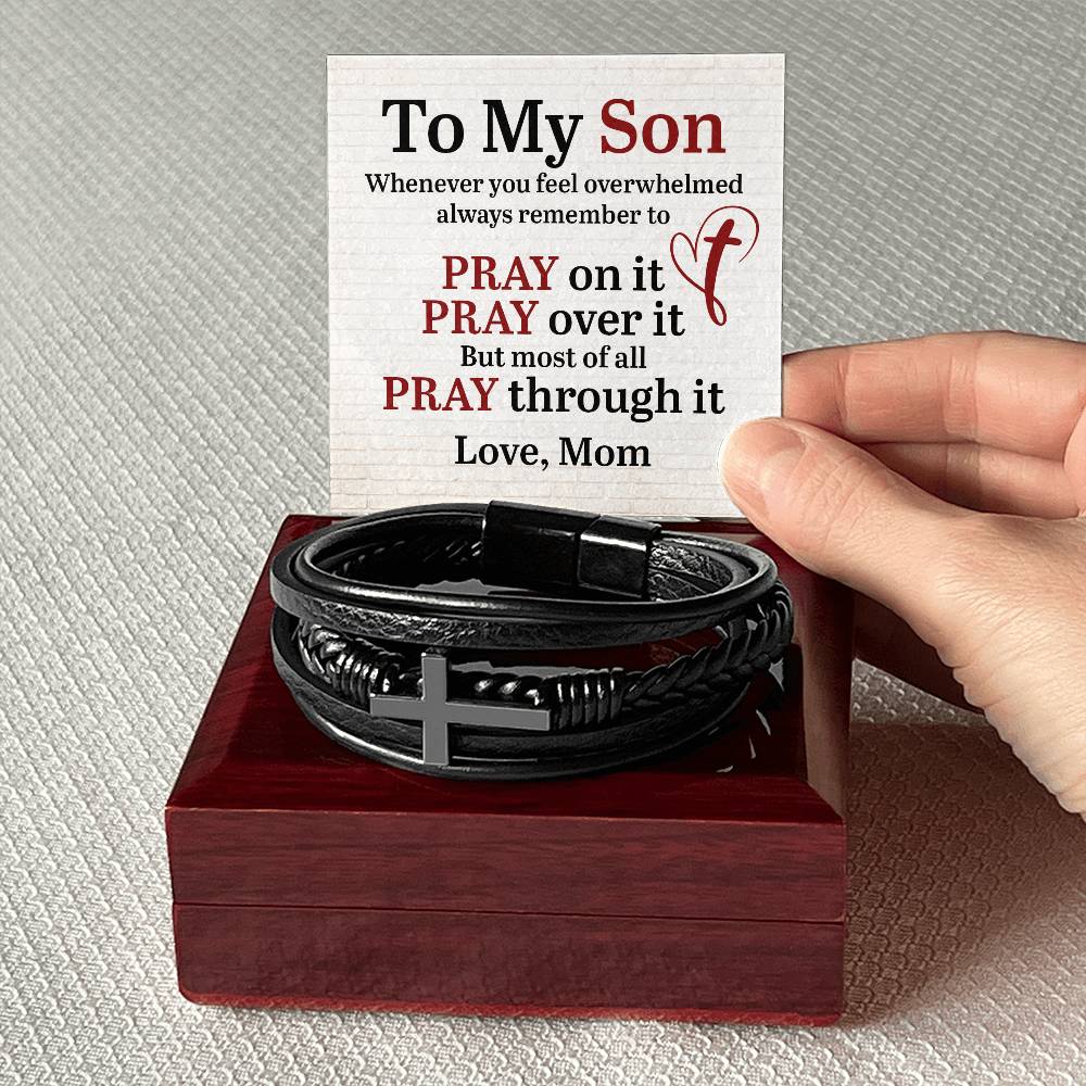 To My Son From Mom - Inspirational Cross Leather Bracelet - Pray On It