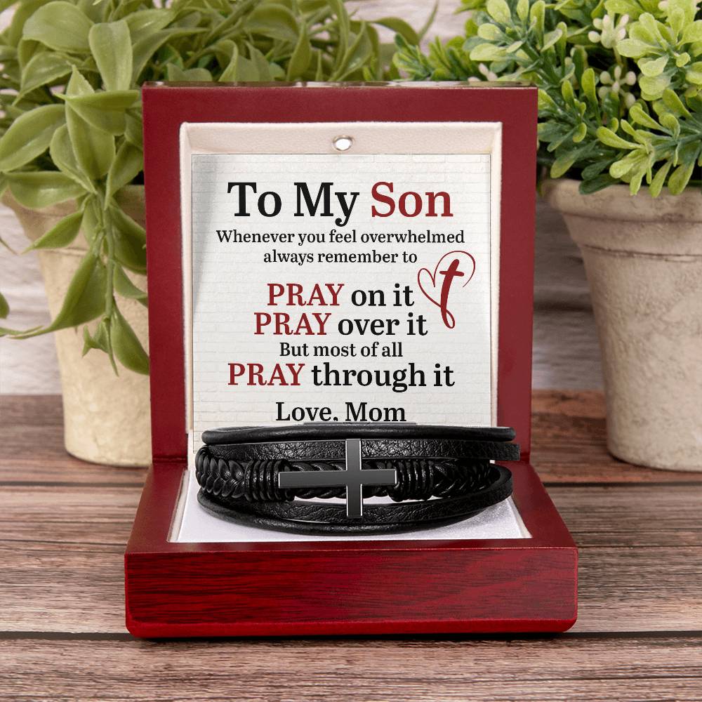 To My Son From Mom - Inspirational Cross Leather Bracelet - Pray On It