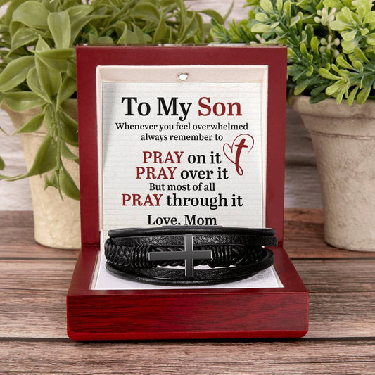 To My Son From Mom - Inspirational Cross Leather Bracelet - Pray On It