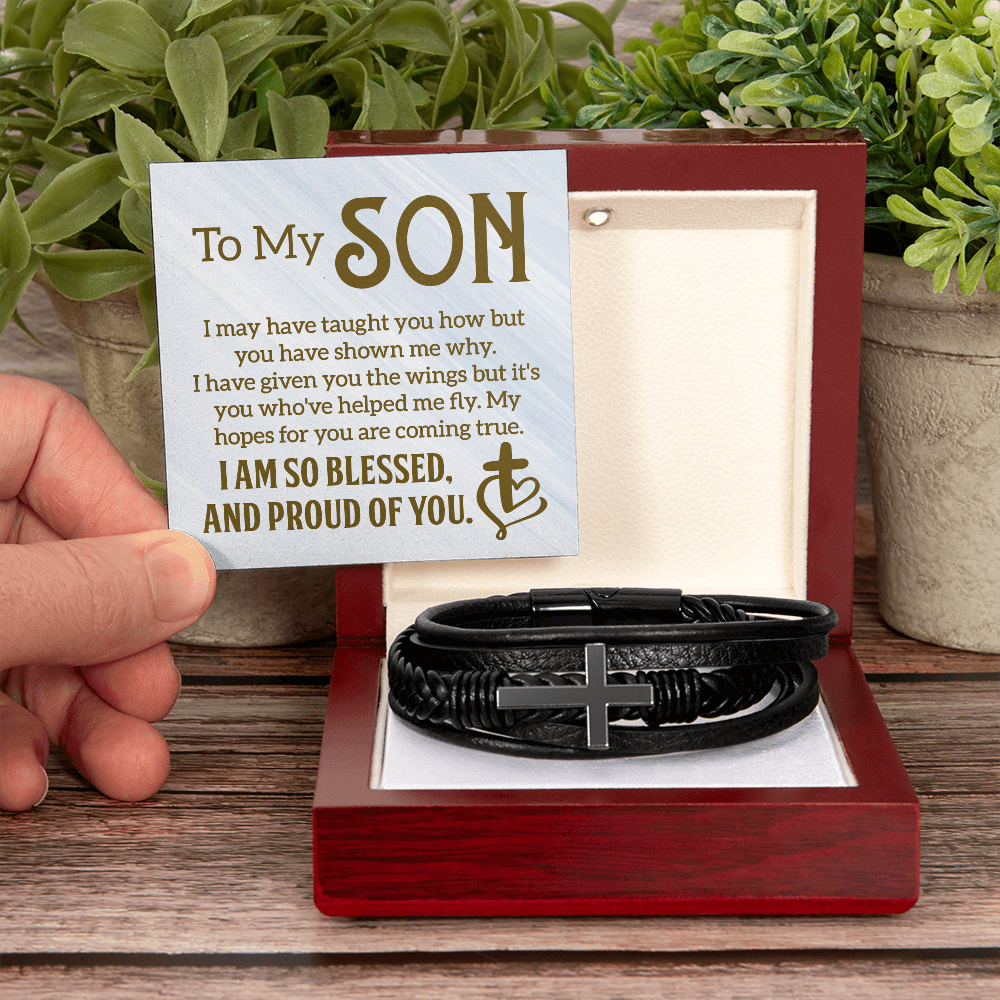 To My Son - Inspirational Cross Leather Bracelet - I'm So Blessed and Proud of You
