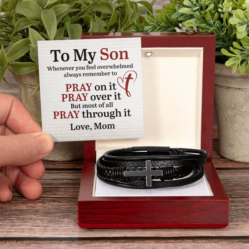 To My Son From Mom - Inspirational Cross Leather Bracelet - Pray On It