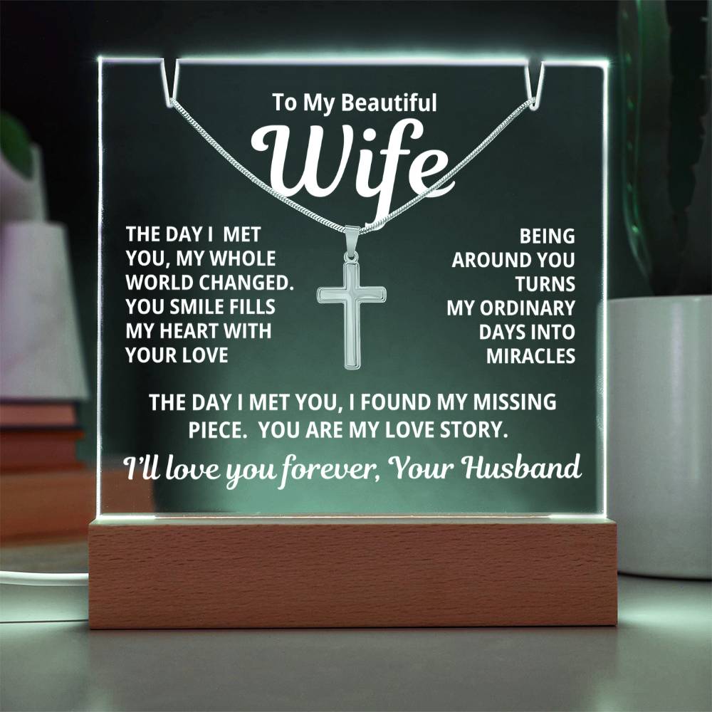To My Beautiful Wife 2 in 1 Gift Set - You Are My Love Story - Keepsake Acrylic Plaque with a Timeless Cross Necklace - Free Shipping Included