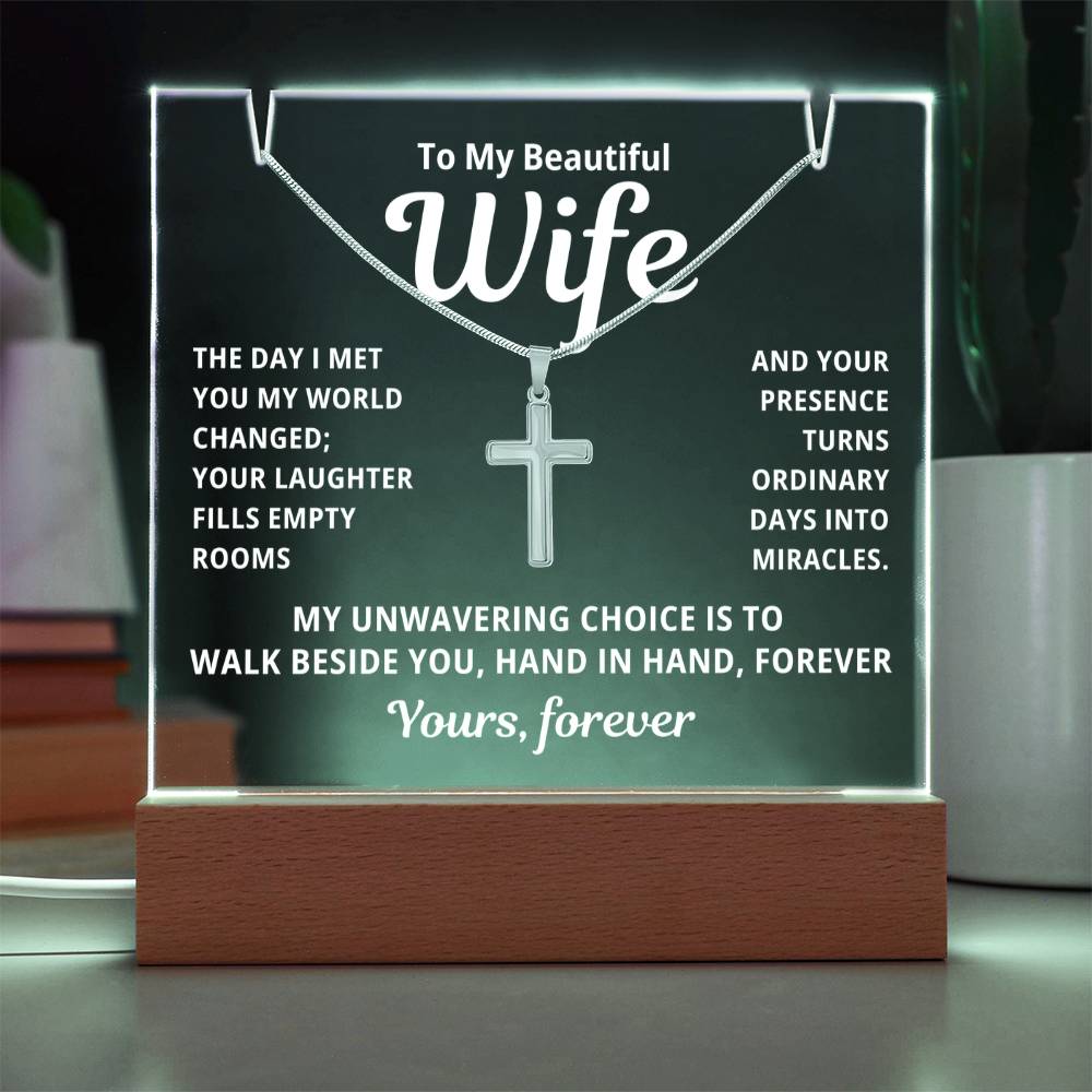 To My Beautiful Wife 2 in 1 Gift Set - Hand in Hand Forever- Keepsake Acrylic Plaque with a Timeless Cross Necklace - Free Shipping Included