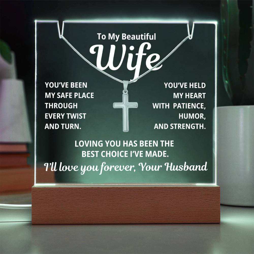 To My Beautiful Wife 2 in 1 Gift Set - Best Choice I've Made - Keepsake Acrylic Plaque with a Timeless Cross Necklace - Free Shipping Included