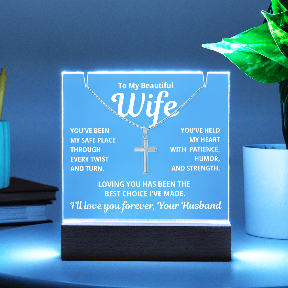 To My Beautiful Wife 2 in 1 Gift Set - Best Choice I've Made - Keepsake Acrylic Plaque with a Timeless Cross Necklace - Free Shipping Included