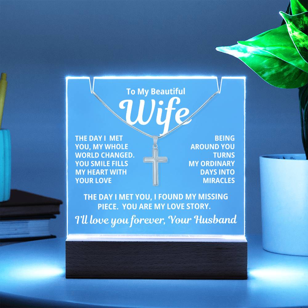 To My Beautiful Wife 2 in 1 Gift Set - You Are My Love Story - Keepsake Acrylic Plaque with a Timeless Cross Necklace - Free Shipping Included