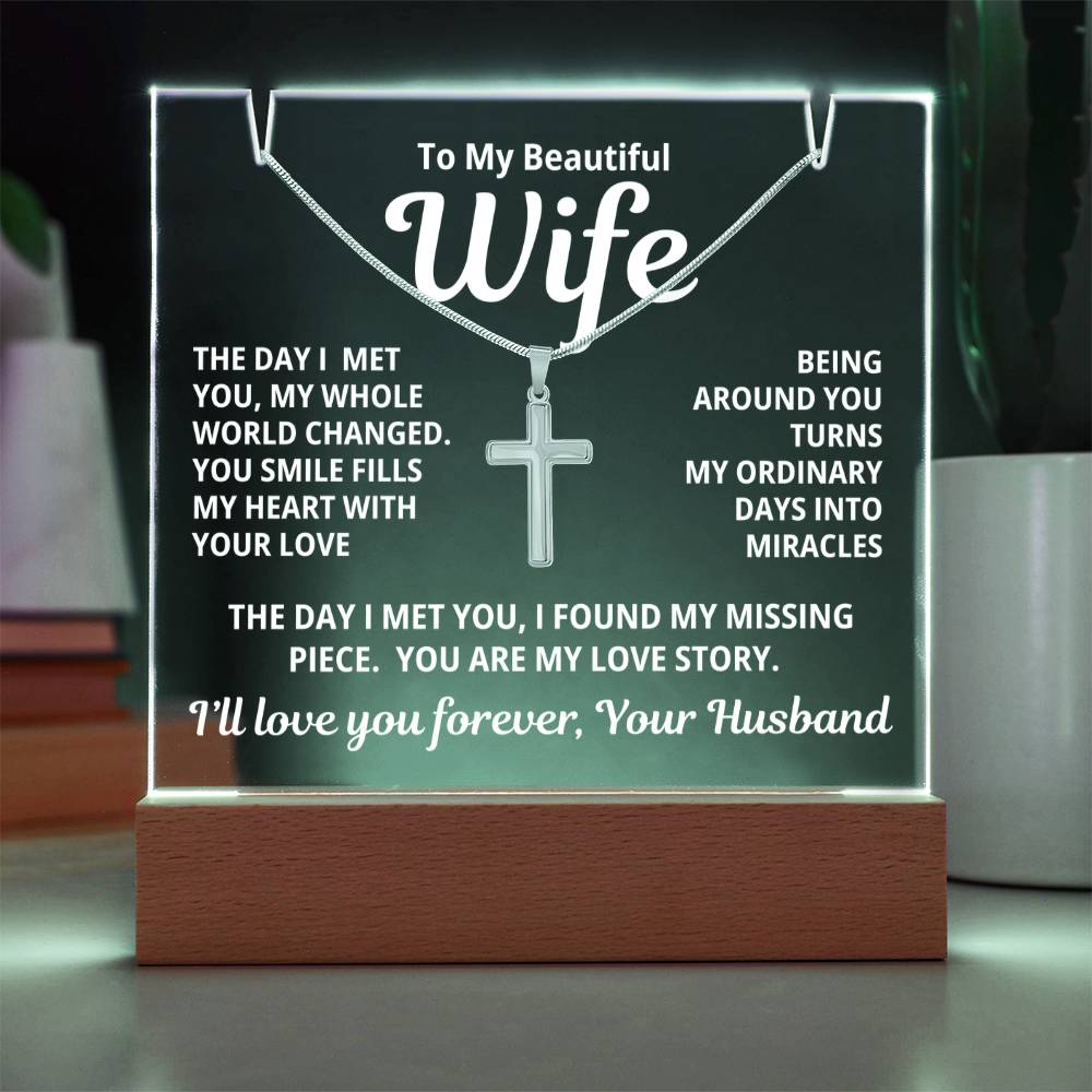 To My Beautiful Wife 2 in 1 Gift Set - You Are My Love Story - Keepsake Acrylic Plaque with a Timeless Cross Necklace - Free Shipping Included