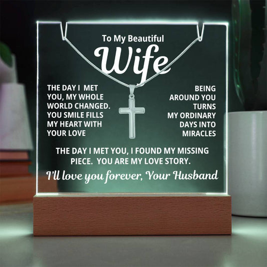 To My Beautiful Wife 2 in 1 Gift Set - You Are My Love Story - Keepsake Acrylic Plaque with a Timeless Cross Necklace - Free Shipping Included