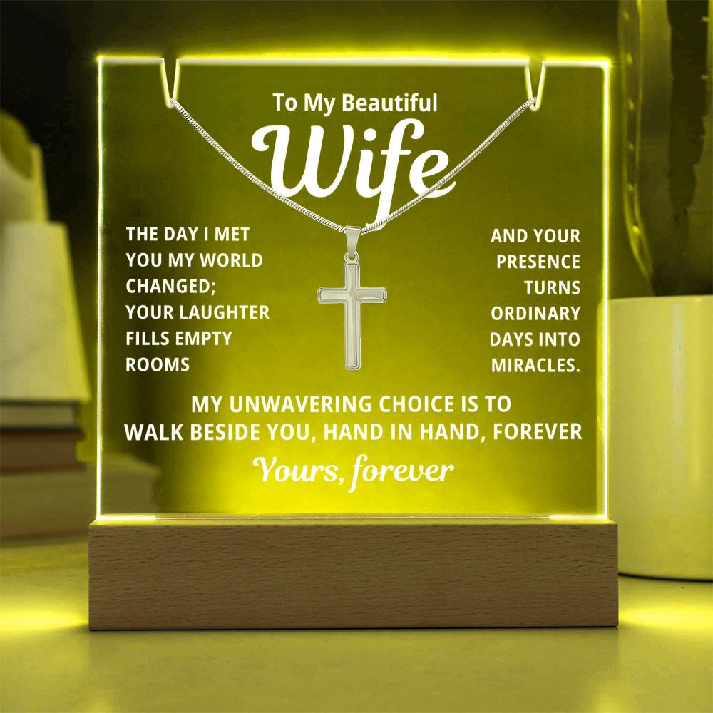 To My Beautiful Wife 2 in 1 Gift Set - Hand in Hand Forever- Keepsake Acrylic Plaque with a Timeless Cross Necklace - Free Shipping Included