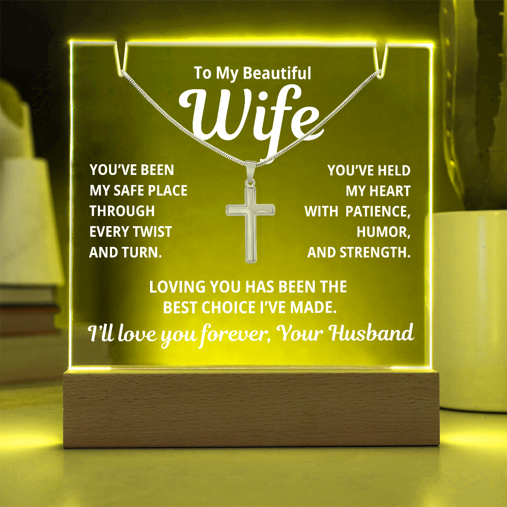 To My Beautiful Wife 2 in 1 Gift Set - Best Choice I've Made - Keepsake Acrylic Plaque with a Timeless Cross Necklace - Free Shipping Included