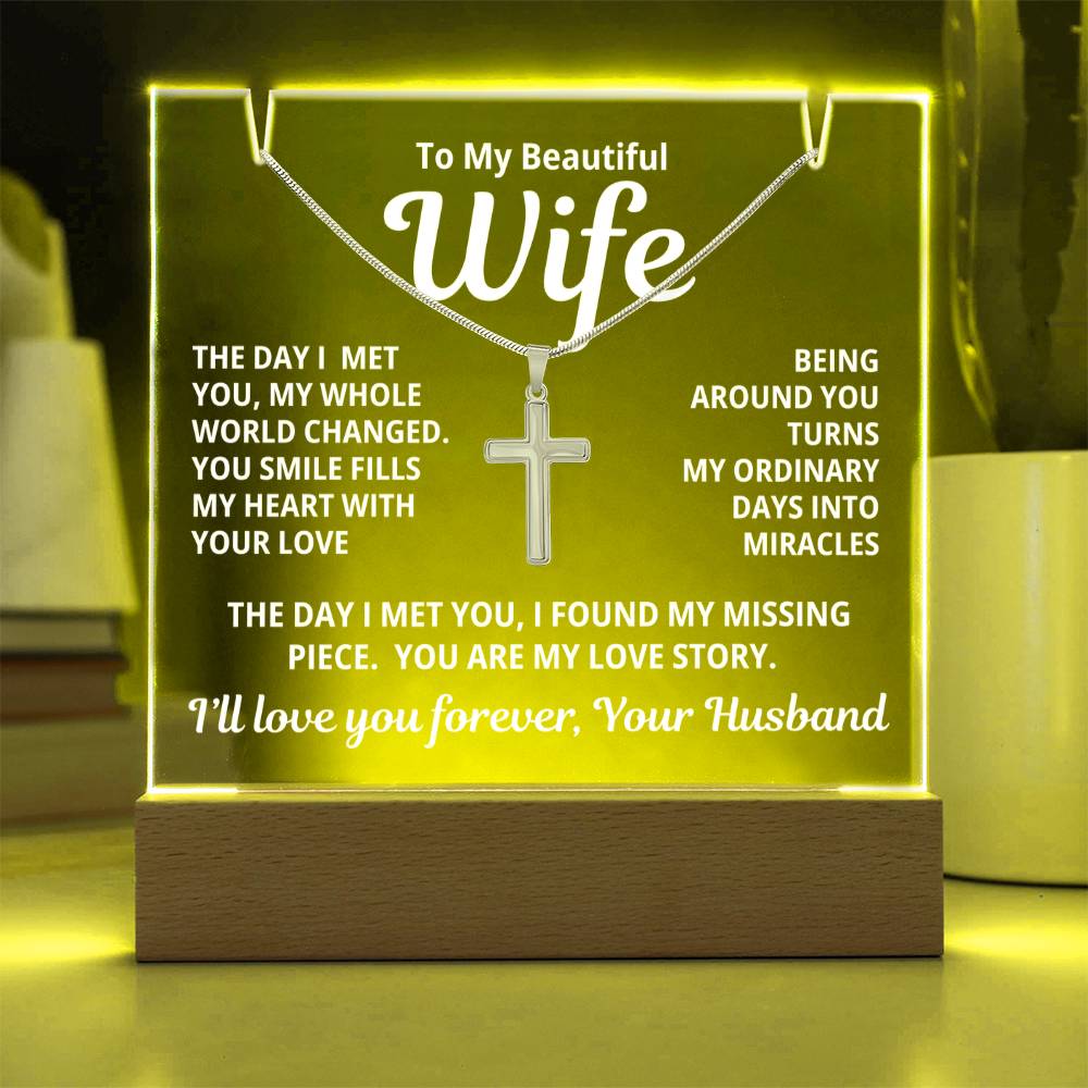 To My Beautiful Wife 2 in 1 Gift Set - You Are My Love Story - Keepsake Acrylic Plaque with a Timeless Cross Necklace - Free Shipping Included