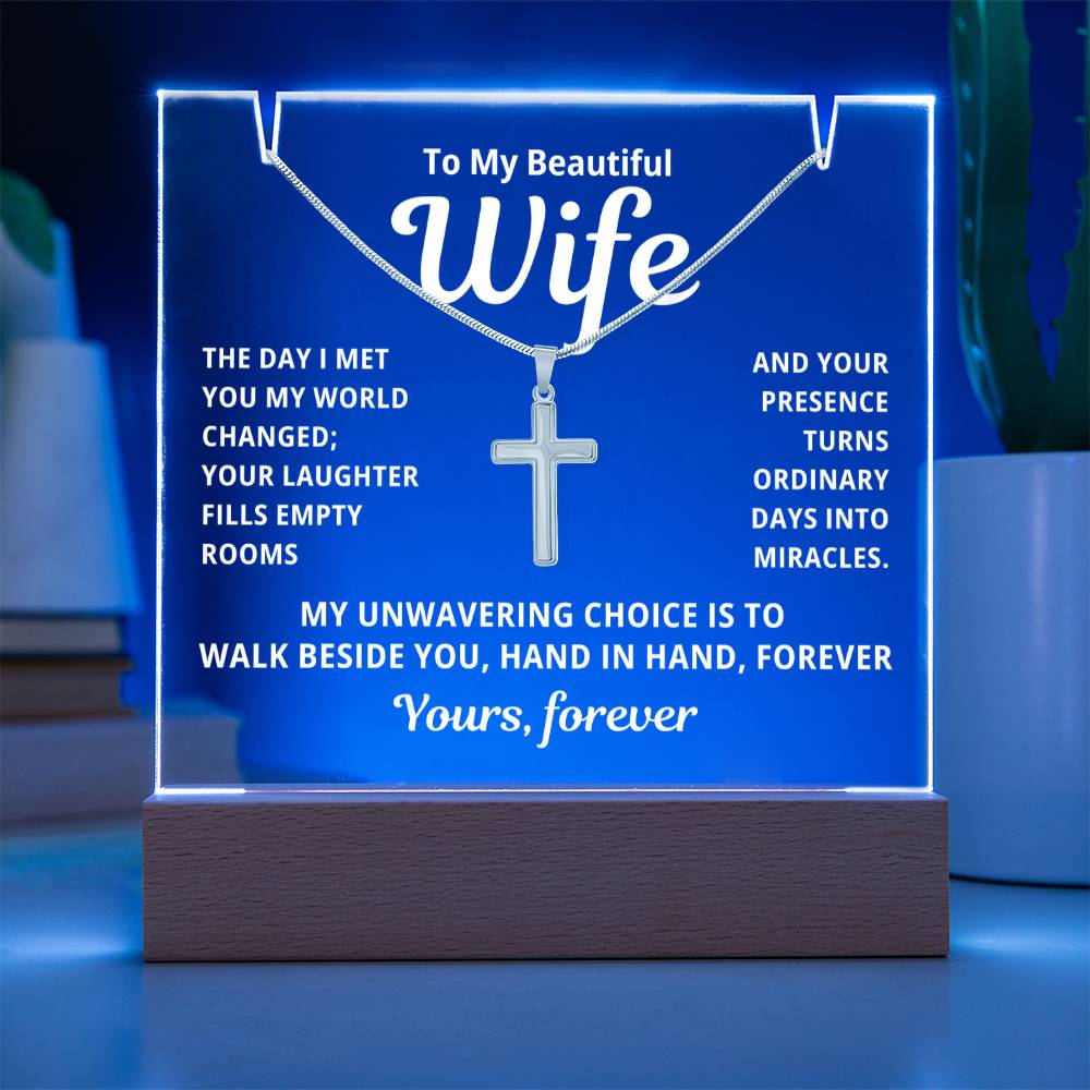 To My Beautiful Wife 2 in 1 Gift Set - Hand in Hand Forever- Keepsake Acrylic Plaque with a Timeless Cross Necklace - Free Shipping Included