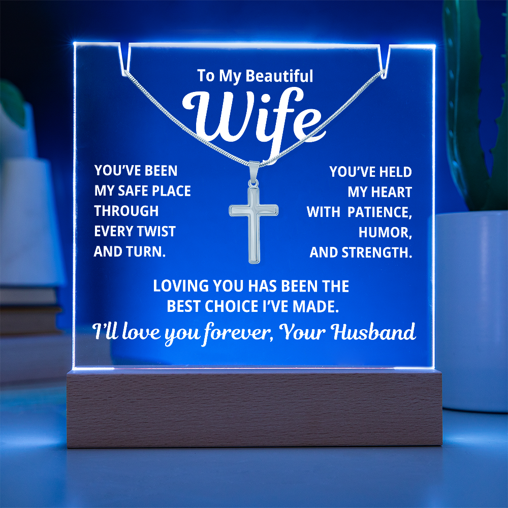 To My Beautiful Wife 2 in 1 Gift Set - Best Choice I've Made - Keepsake Acrylic Plaque with a Timeless Cross Necklace - Free Shipping Included