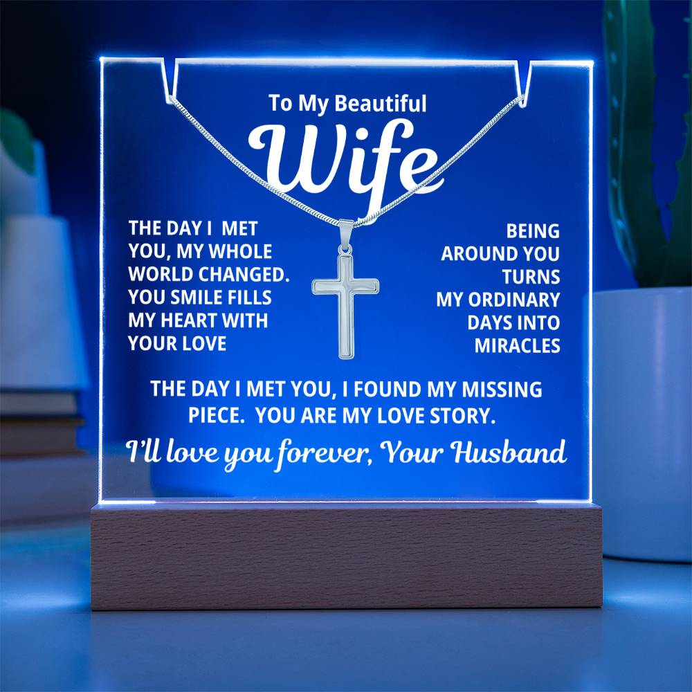 To My Beautiful Wife 2 in 1 Gift Set - You Are My Love Story - Keepsake Acrylic Plaque with a Timeless Cross Necklace - Free Shipping Included