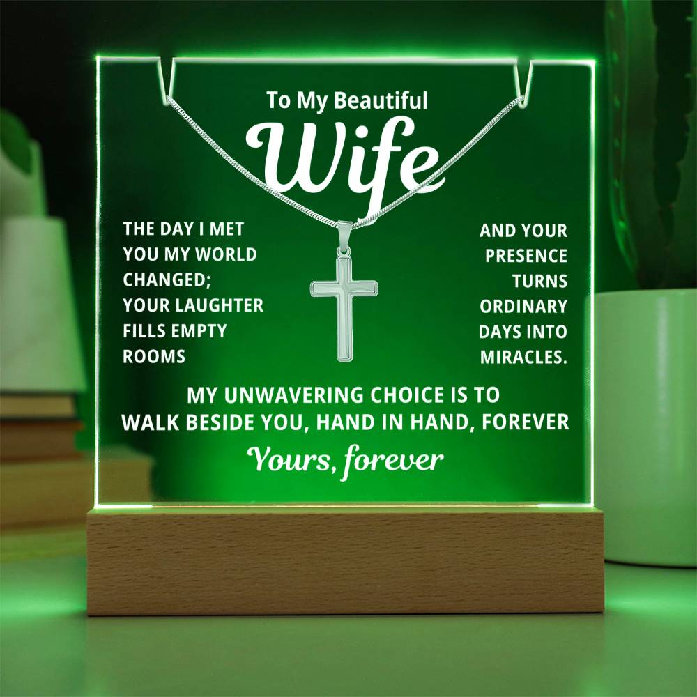 To My Beautiful Wife 2 in 1 Gift Set - Hand in Hand Forever- Keepsake Acrylic Plaque with a Timeless Cross Necklace - Free Shipping Included