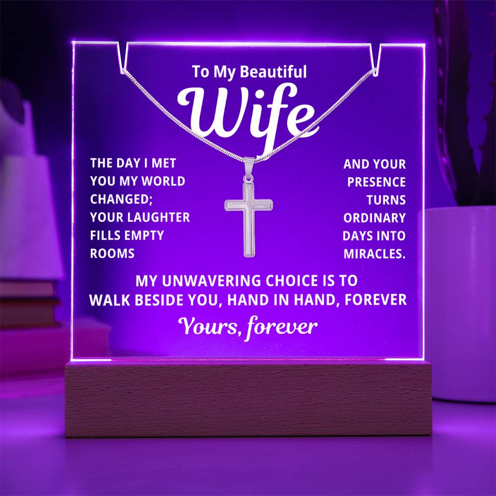 To My Beautiful Wife 2 in 1 Gift Set - Hand in Hand Forever- Keepsake Acrylic Plaque with a Timeless Cross Necklace - Free Shipping Included