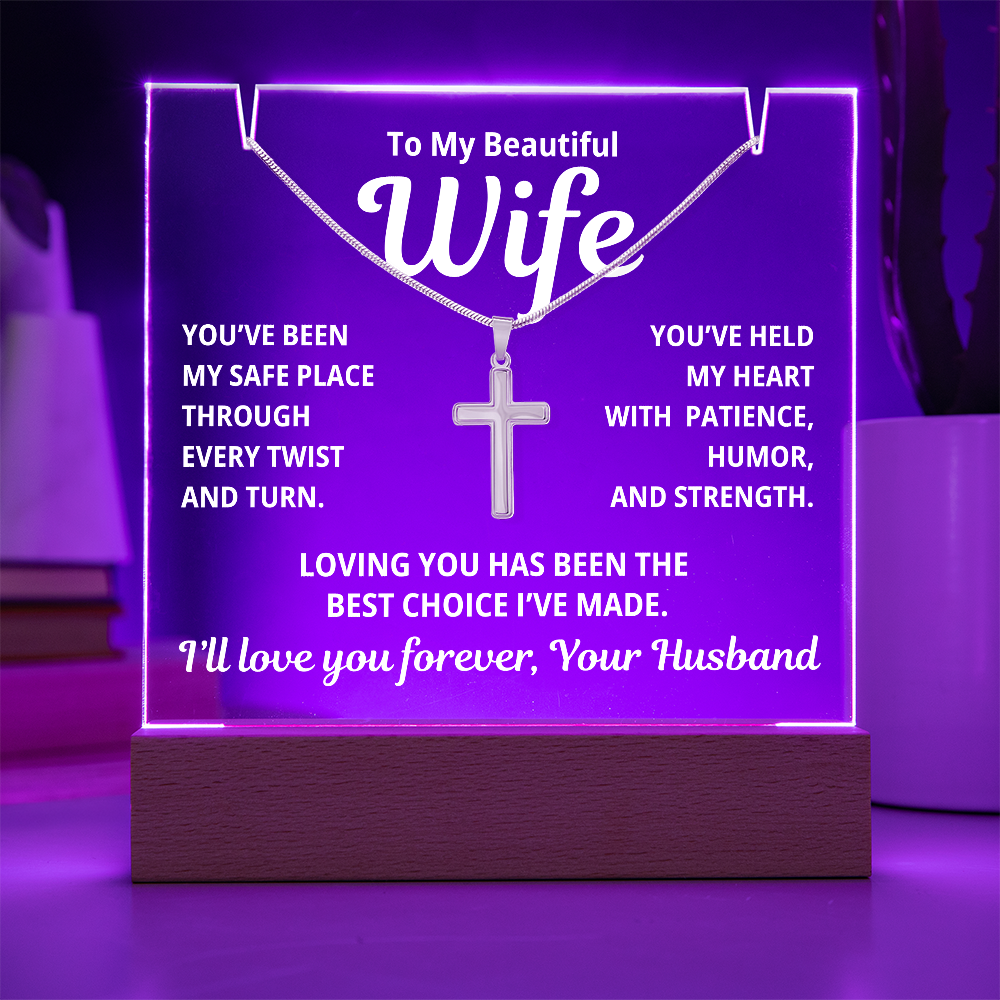 To My Beautiful Wife 2 in 1 Gift Set - Best Choice I've Made - Keepsake Acrylic Plaque with a Timeless Cross Necklace - Free Shipping Included