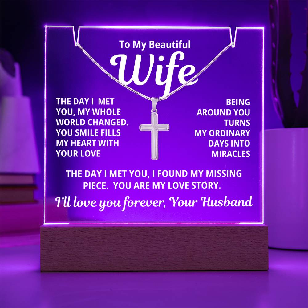 To My Beautiful Wife 2 in 1 Gift Set - You Are My Love Story - Keepsake Acrylic Plaque with a Timeless Cross Necklace - Free Shipping Included