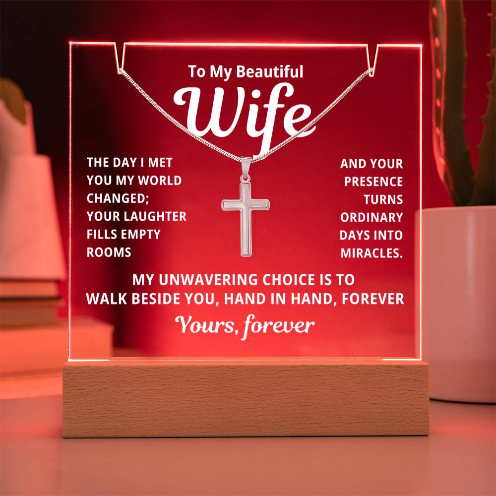 To My Beautiful Wife 2 in 1 Gift Set - Hand in Hand Forever- Keepsake Acrylic Plaque with a Timeless Cross Necklace - Free Shipping Included