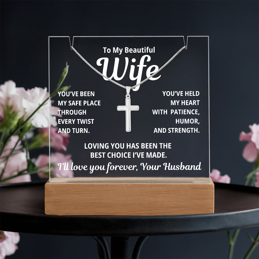 To My Beautiful Wife 2 in 1 Gift Set - Best Choice I've Made - Keepsake Acrylic Plaque with a Timeless Cross Necklace - Free Shipping Included