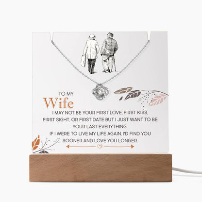 To My Wife - Elegant Love Knot Necklace with Acrylic Message Plaque - I Want You To Be My Last Everything