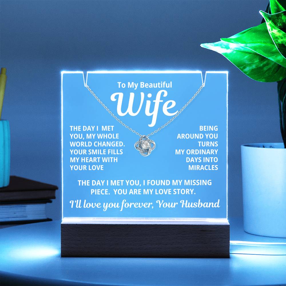 To My Beautiful Wife 2 in 1 Gift Set - You Are My Love Story - Keepsake Acrylic Plaque with Eternal Love Knot Necklace - Free Shipping Included