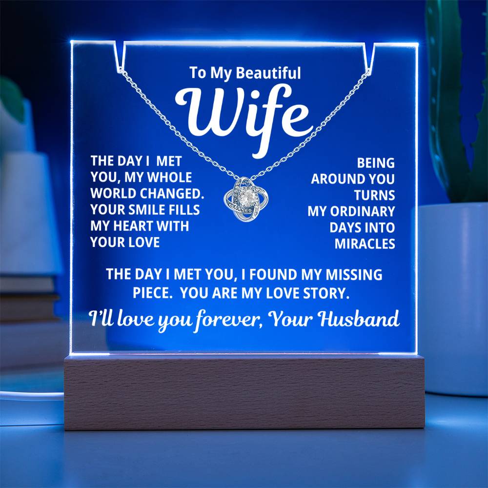 To My Beautiful Wife 2 in 1 Gift Set - You Are My Love Story - Keepsake Acrylic Plaque with Eternal Love Knot Necklace - Free Shipping Included