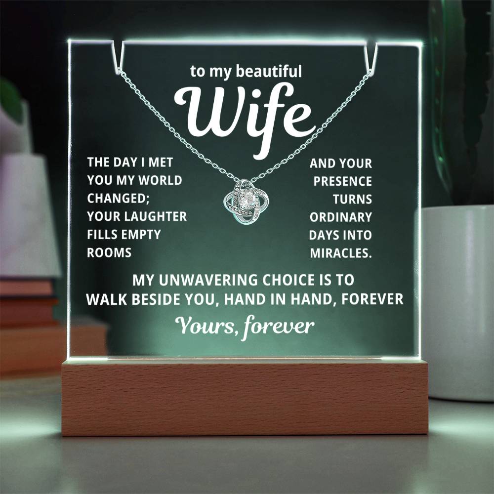 To My Beautiful Wife 2 in 1 Gift Set - Hand in Hand Forever - Keepsake Acrylic Plaque with Eternal Love Knot Necklace - Free Shipping Included