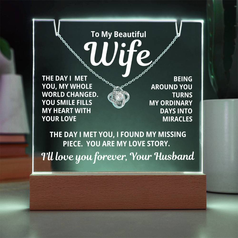 To My Beautiful Wife 2 in 1 Gift Set - You Are My Love Story - Keepsake Acrylic Plaque with Eternal Love Knot Necklace - Free Shipping Included