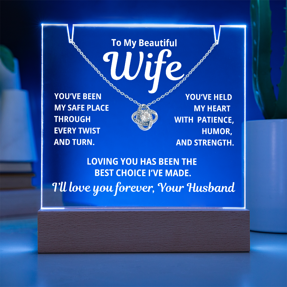 To My Beautiful Wife 2 in 1 Gift Set - Best Choice I've Made - Keepsake Acrylic Plaque with Eternal Love Knot Necklace - Free Shipping Included
