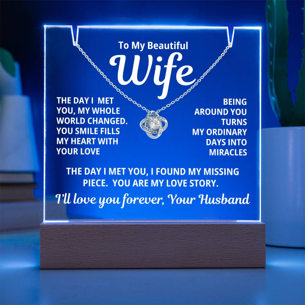To My Beautiful Wife 2 in 1 Gift Set - You Are My Love Story - Keepsake Acrylic Plaque with Eternal Love Knot Necklace - Free Shipping Included