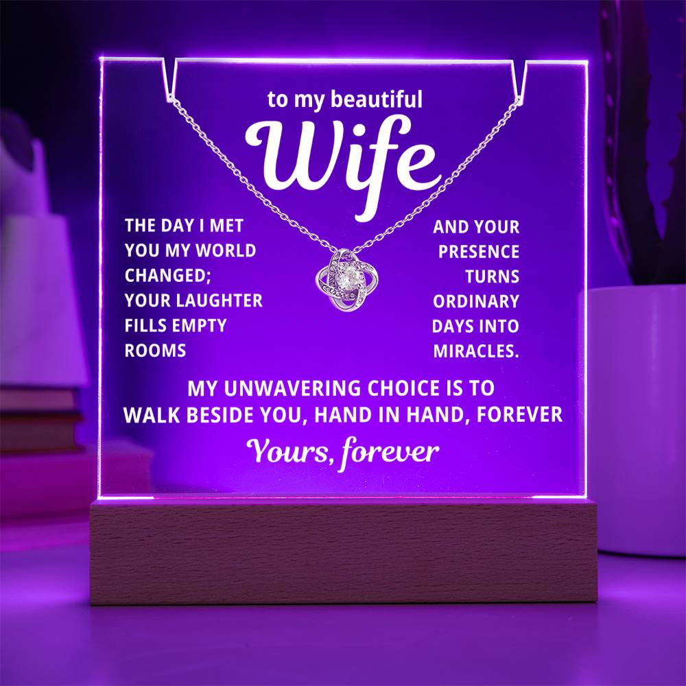 To My Beautiful Wife 2 in 1 Gift Set - Hand in Hand Forever - Keepsake Acrylic Plaque with Eternal Love Knot Necklace - Free Shipping Included