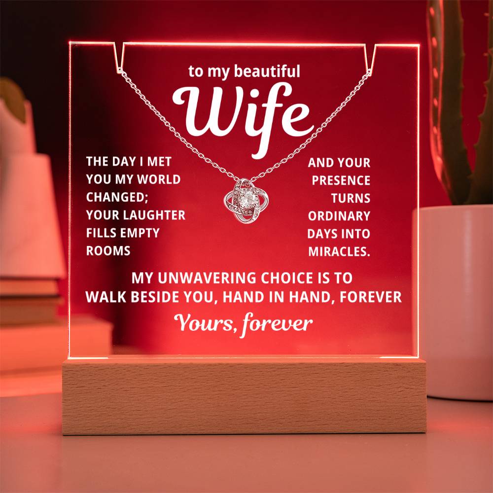 To My Beautiful Wife 2 in 1 Gift Set - Hand in Hand Forever - Keepsake Acrylic Plaque with Eternal Love Knot Necklace - Free Shipping Included