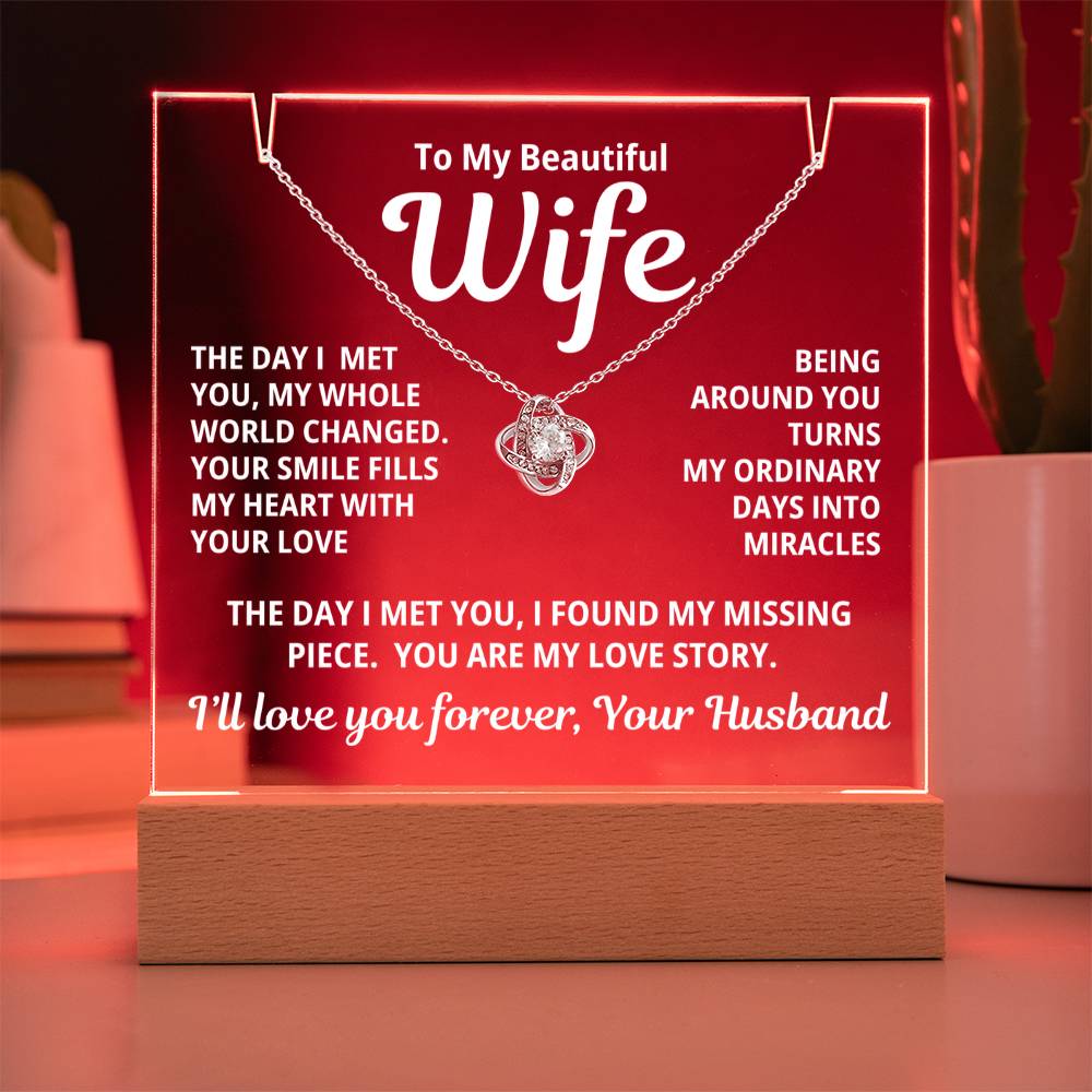 To My Beautiful Wife 2 in 1 Gift Set - You Are My Love Story - Keepsake Acrylic Plaque with Eternal Love Knot Necklace - Free Shipping Included