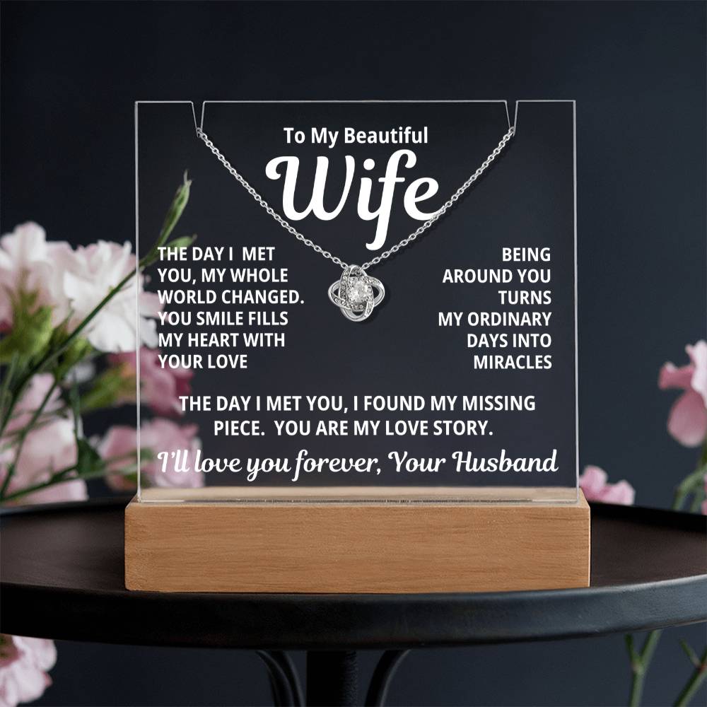 To My Beautiful Wife 2 in 1 Gift Set - You Are My Love Story - Keepsake Acrylic Plaque with Eternal Love Knot Necklace - Free Shipping Included