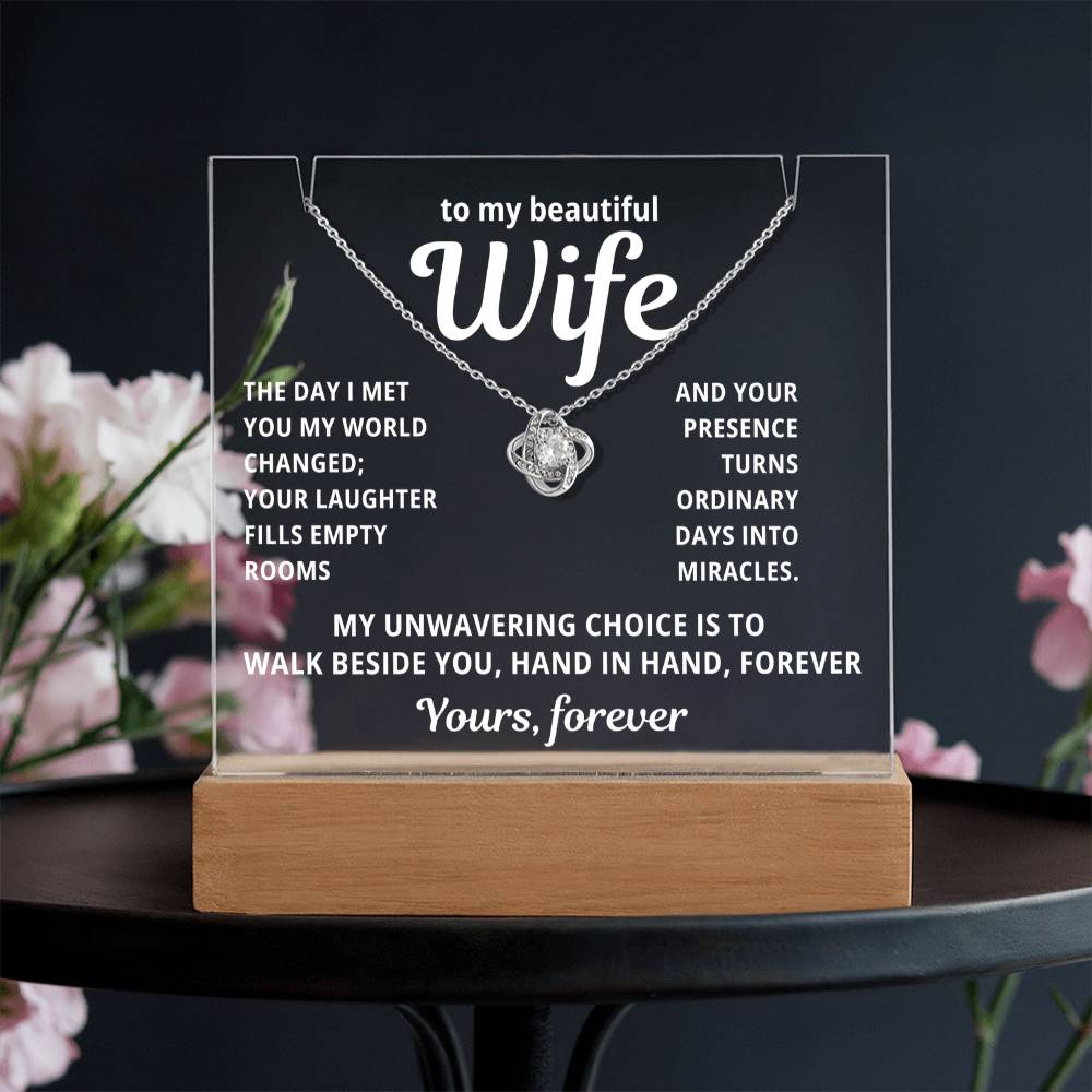 To My Beautiful Wife 2 in 1 Gift Set - Hand in Hand Forever - Keepsake Acrylic Plaque with Eternal Love Knot Necklace - Free Shipping Included