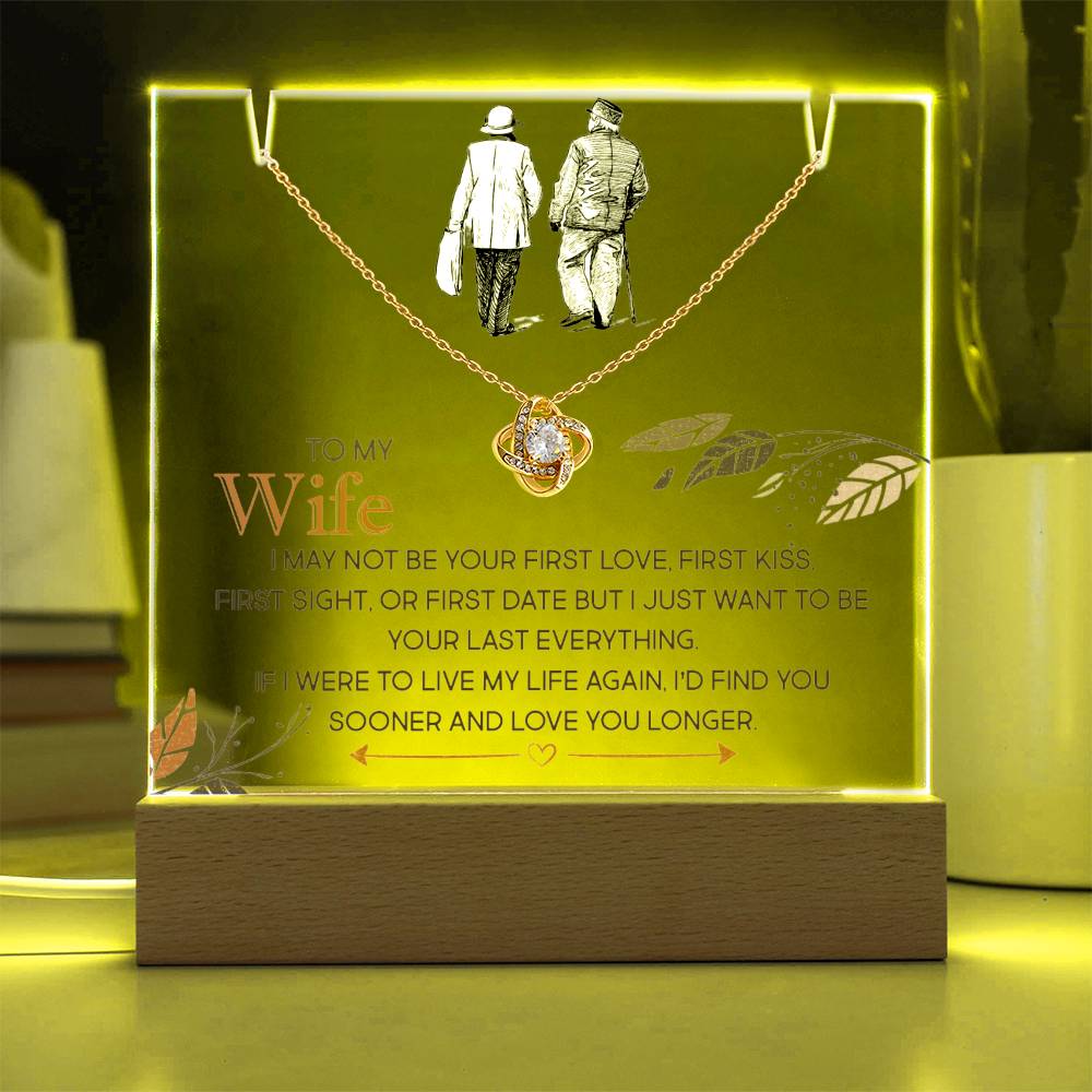 To My Wife - Elegant Love Knot Necklace with Acrylic Message Plaque - I Want You To Be My Last Everything