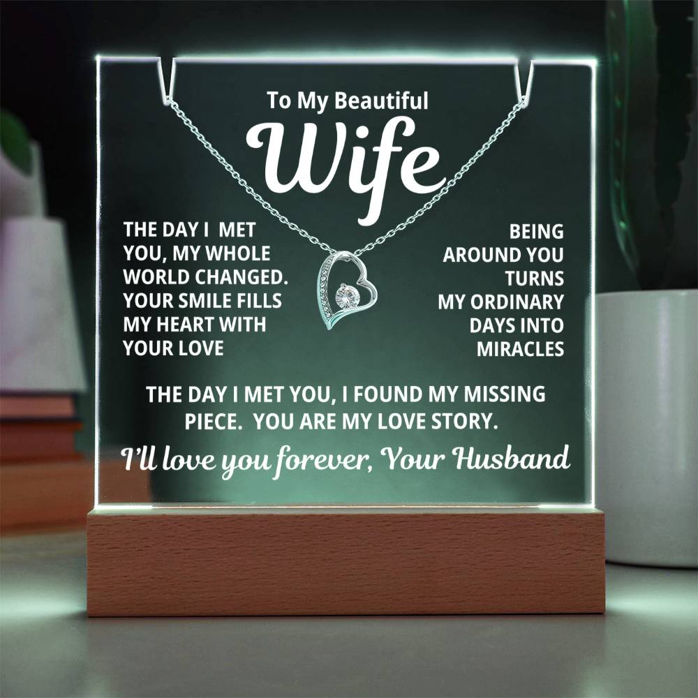 To My Beautiful Wife 2 in 1 Gift Set - You Are My Love Story - Keepsake Acrylic Plaque with Eternal Heart Love Necklace - Free Shipping Included