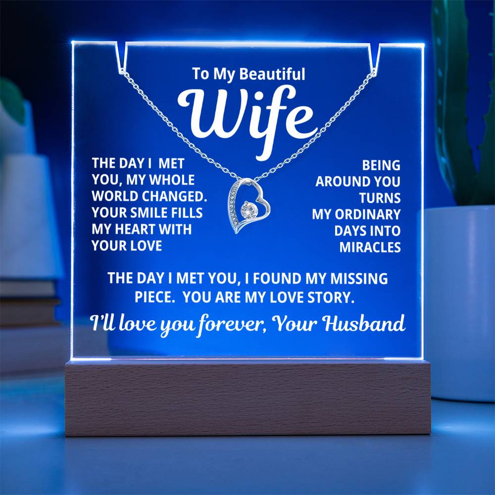 To My Beautiful Wife 2 in 1 Gift Set - You Are My Love Story - Keepsake Acrylic Plaque with Eternal Heart Love Necklace - Free Shipping Included
