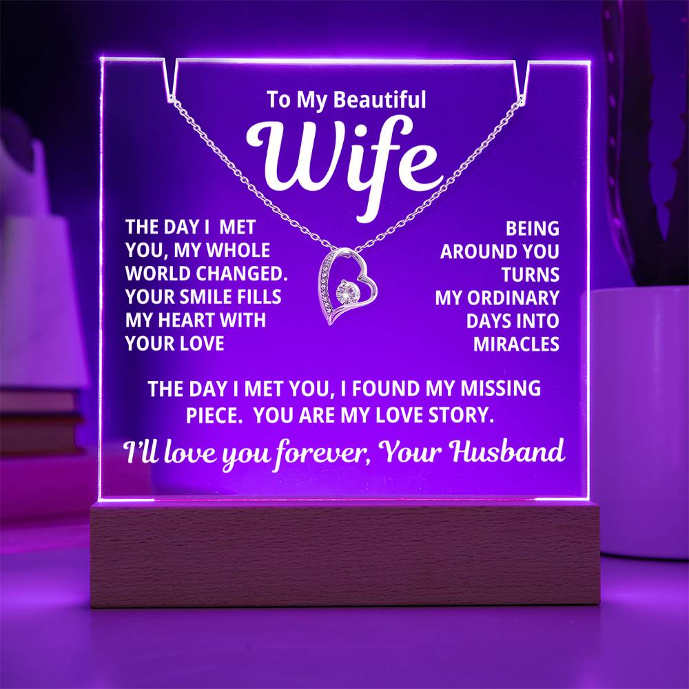 To My Beautiful Wife 2 in 1 Gift Set - You Are My Love Story - Keepsake Acrylic Plaque with Eternal Heart Love Necklace - Free Shipping Included