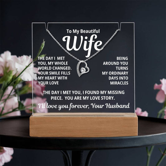 To My Beautiful Wife 2 in 1 Gift Set - You Are My Love Story - Keepsake Acrylic Plaque with Eternal Heart Love Necklace - Free Shipping Included