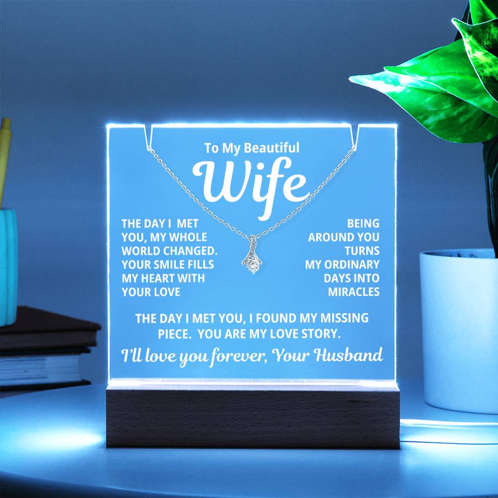To My Beautiful Wife 2 in 1 Gift Set - You Are My Love Story - Keepsake Acrylic Plaque with Timeless Alluring Beauty Necklace - Free Shipping Included